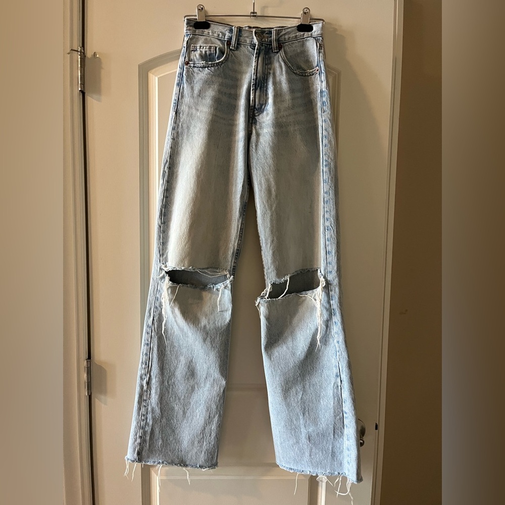 Zara Blue Wide Leg Jeans with Distressed Knees